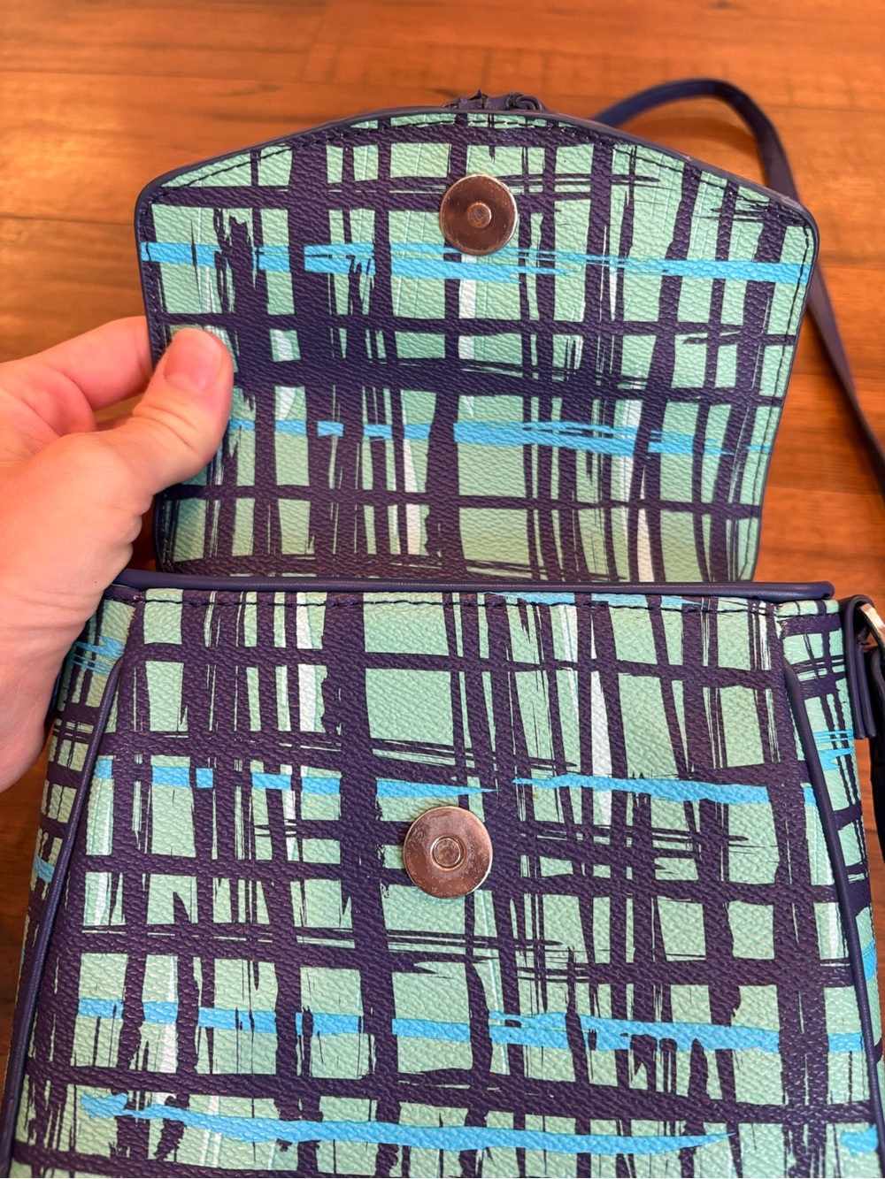 VERA BRADLEY Tassel Crossbody Purse Navy Teal Art Plaid Faux Leather - Picture 6 of 10